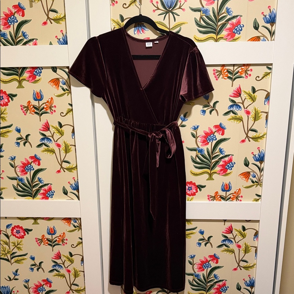 Maternity GAP Velvet Wrap Midi Dress in Deep Plum